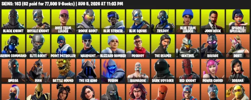 Fortnite account inventory for LVL 982 - Black Knight - Royale Knight - 163 Outfits