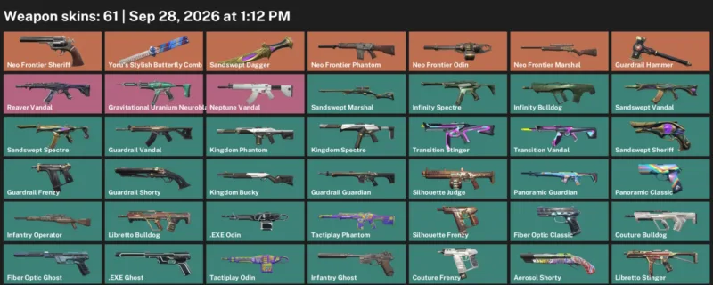 Valorant account inventory for LVL 46 · 61 Skins Sandswept Dagger & Exe Odin