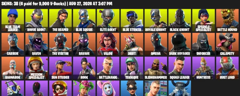 Fortnite account inventory for LVL 699 - Blue Team Leader - Rogue Agent - 38 Outfits