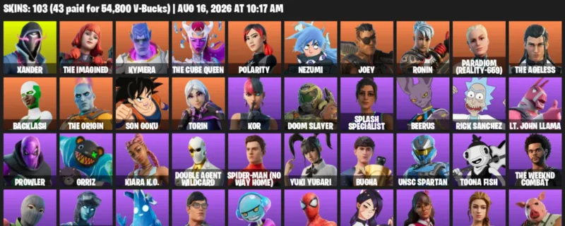 Fortnite account inventory for LVL 1944 - Xander - The Imagined - 103 Outfits