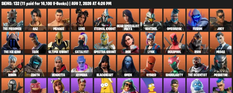 Fortnite account inventory for LVL 2016 - The Prisoner - Raz - 132 Outfits
