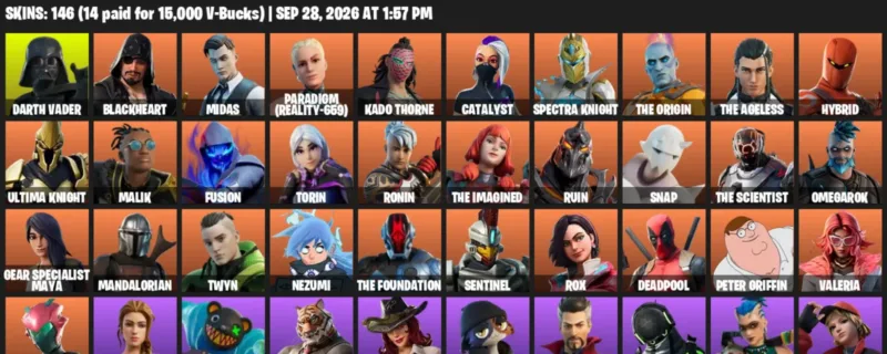 Fortnite account inventory for Darth Vader - Blackheart - 120 Outfits