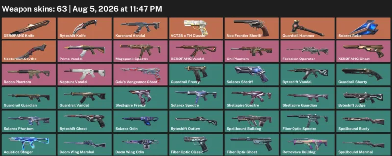 Valorant account inventory for LVL 119 · Byteshift Knife & Nocturnum Scythe & XerØFang Knife