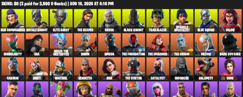 Fortnite account inventory for LVL 1094 - Sub Commander - Royale Knight - 80 Outfits