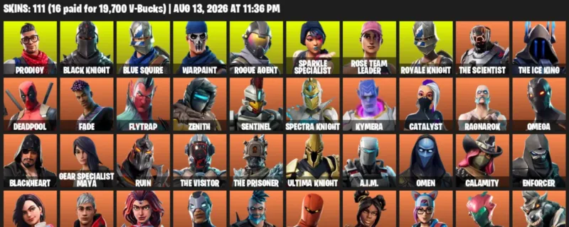 Fortnite account inventory for LVL 1059 - Prodigy - Black Knight - 111 Outfits