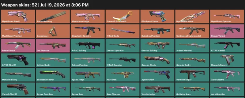 Valorant Accounts listing: LVL 112 · K/TAC Blade & Mystbloom Kunai · 52 Skins - Silver 2, 52 skins