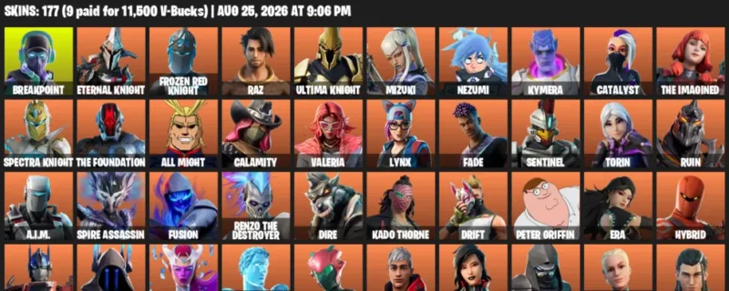 Fortnite account inventory for LVL 2699 - Breakpoint - Eternal Knight - 177 Outfits