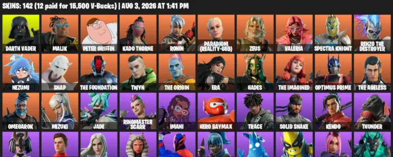 Fortnite account inventory for LVL 2207 - Darth Vader - Malik - 142 Outfits