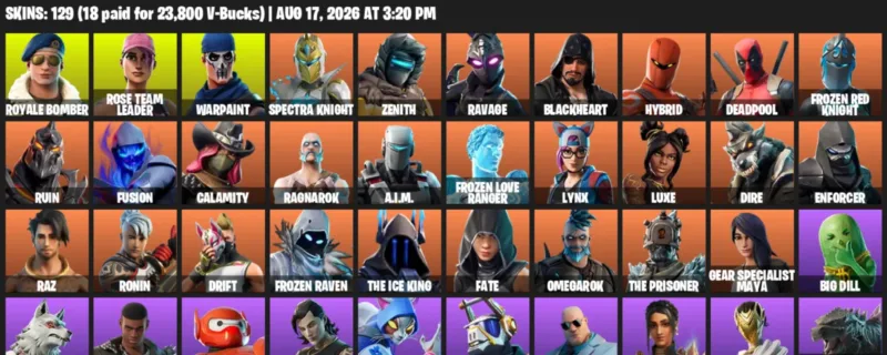 Fortnite account inventory for LVL 2300 - Royale Bomber - Rose Team Leader - 129 Outfits