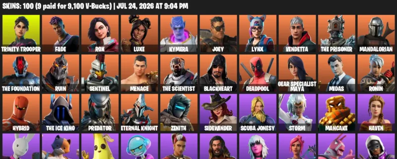 Fortnite Accounts listing: LVL 1580 - Trinity Trooper - Fade - 100 Outfits - 100 outfits