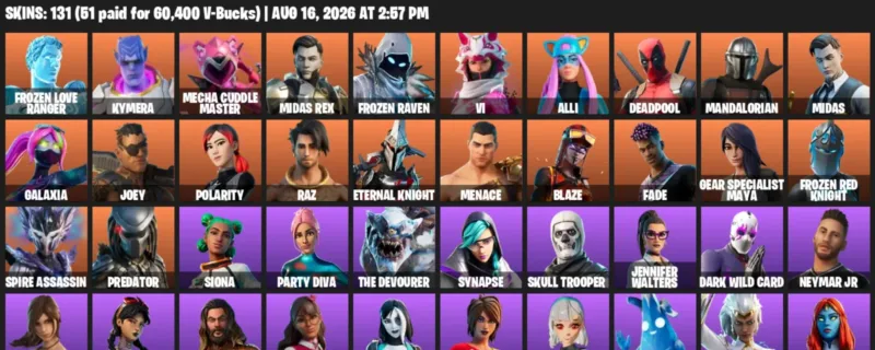 Fortnite account inventory for LVL 1306 - Frozen Love Ranger - Kymera - 131 Outfits