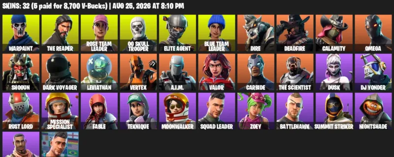 Fortnite account inventory for LVL 438 - Warpaint - The Reaper - 32 Outfits
