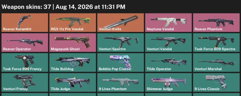 Valorant account inventory for LVL 123 · Reaver Karambit & Venturi Knife & 37 Skins Reaver Karambit