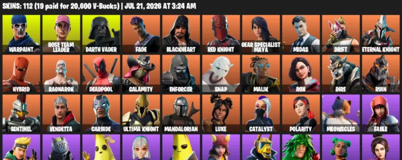 Fortnite Accounts listing: LVL 1901 - Warpaint - Rose Team Leader - 112 Outfits - 112 outfits