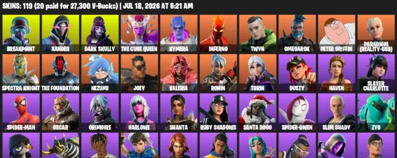 Fortnite Accounts listing: LVL 1692 - Breakpoint - Xander - 119 Outfits - 119 outfits