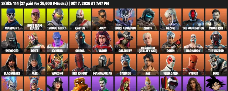 Fortnite account inventory for Warpaint - Rose Team Leader - 114 Outfits