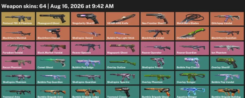 Valorant account inventory for LVL 179 · XerØFang Knife & 64 Skins Overlay Dagger