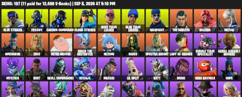 Fortnite account inventory for LVL 1638 - Blue Striker - Trilogy - 107 Outfits