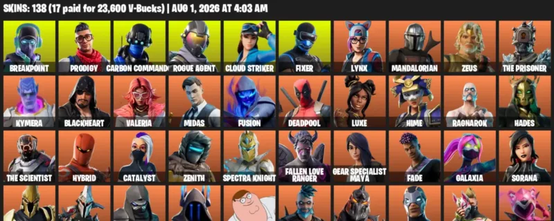 Fortnite account inventory for LVL 1413 - Breakpoint - Prodigy - 138 Outfits