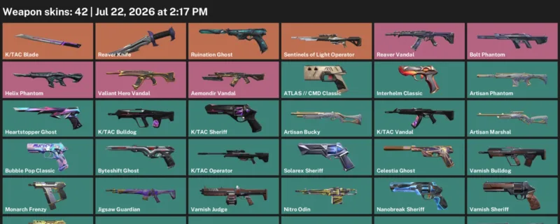 Valorant Accounts listing: LVL 310 · K/TAC Blade & Reaver Knife · 42 Skins - Diamond 1, 42 skins