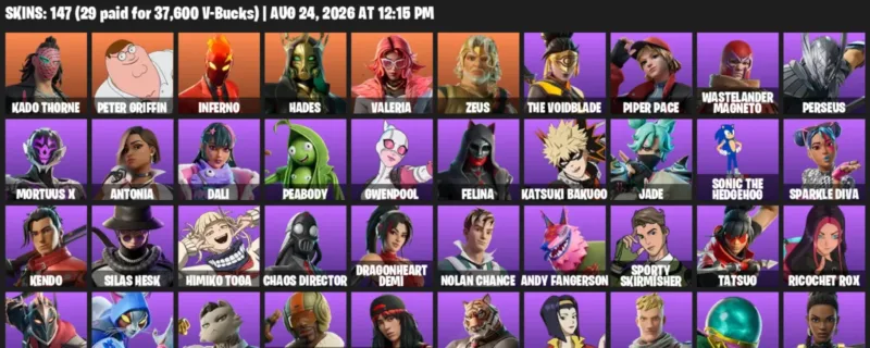 Fortnite account inventory for LVL 1107 - Kado Thorne - Peter Griffin - 147 Outfits