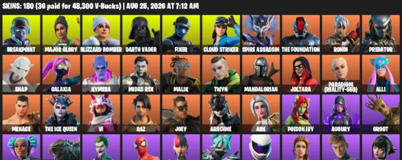Fortnite account inventory for LVL 2595 - Breakpoint - Major Glory - 180 Outfits