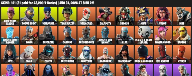 Fortnite account inventory for LVL 829 - Rose Team Leader - Rogue Agent - 121 Outfits