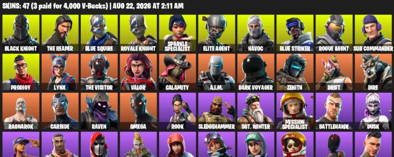 Fortnite account inventory for LVL 482 - Black Knight - The Reaper - 47 Outfits