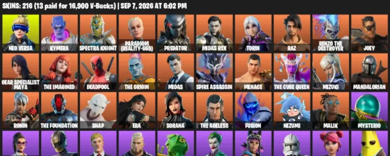 Fortnite account inventory for LVL 2860 - Neo Versa - Kymera - 216 Outfits