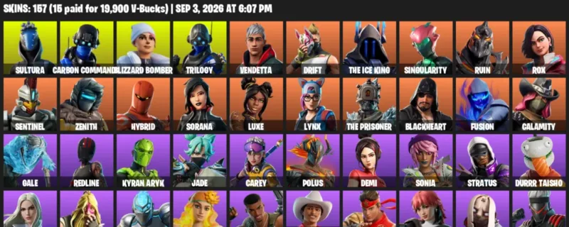 Fortnite account inventory for LVL 897 - Sultura - Carbon Commando - 157 Outfits