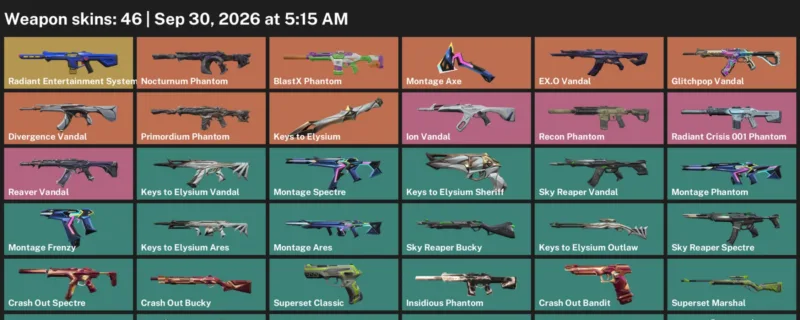 Valorant account inventory for LVL 47 · Glitchpop Vandal & EX.O Vandal