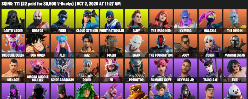 Fortnite account inventory for Darth Vader - Kratos - 111 Outfits