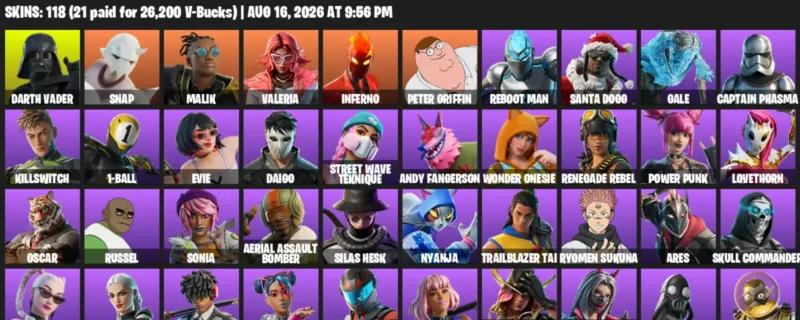 Fortnite account inventory for LVL 664 - Darth Vader - Snap - 118 Outfits