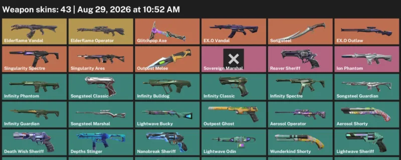Valorant account inventory for LVL 134 · Death Wish Sheriff & Aerosol Operator