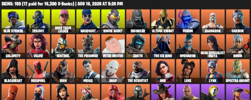 Fortnite account inventory for LVL 2974 - Blue Striker - Trilogy - 159 Outfits