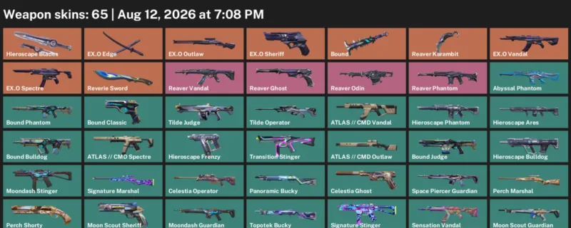 Valorant account inventory for LVL 65 · 65 Skins Reaver Karambit & Reaver Karambit & Reverie Sword