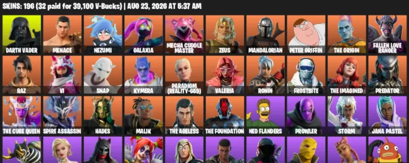 Fortnite account inventory for LVL 2593 - Darth Vader - Menace - 196 Outfits