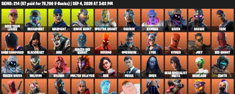 Fortnite account inventory for LVL 2833 - Rose Team Leader - Breakpoint - 214 Outfits