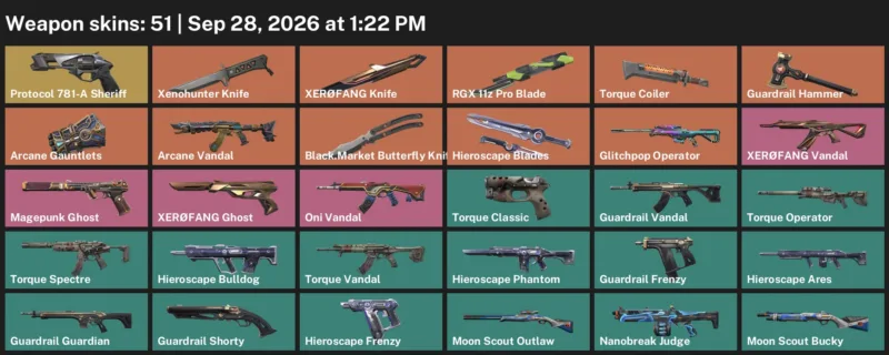 Valorant account inventory for LVL 83 · Arcane Vandal & Xenohunter Knife