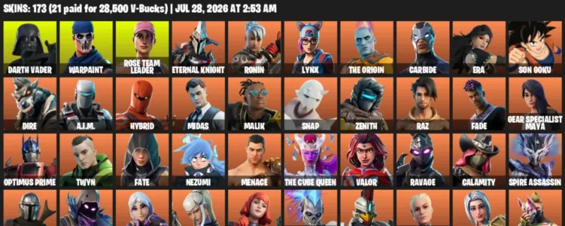Fortnite Accounts listing: LVL 2313 - Darth Vader - Warpaint - 173 Outfits - 173 outfits