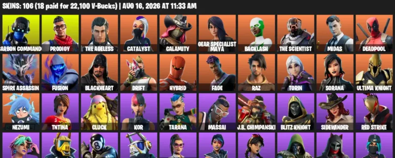 Fortnite account inventory for LVL 1758 - Carbon Commando - Prodigy - 106 Outfits
