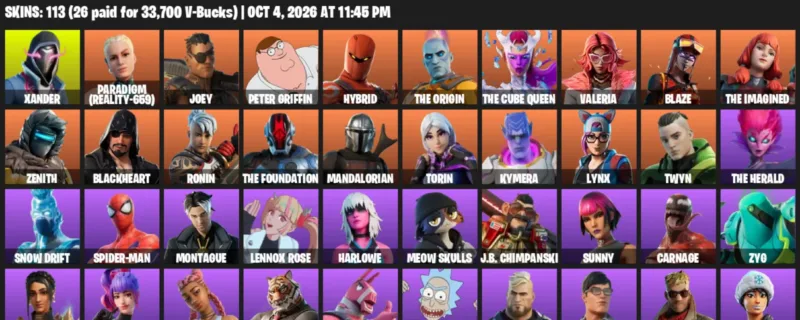 Fortnite account inventory for Xander - Paradigm (Reality-659) - 113 Outfits
