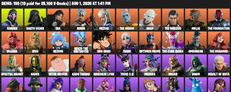 Fortnite account inventory for LVL 2588 - Xander - Darth Vader - 150 Outfits