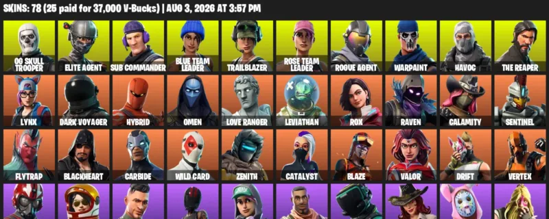 Fortnite account inventory for LVL 608 - OG Skull Trooper - Elite Agent - 78 Outfits