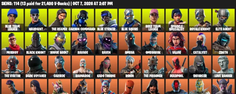 Fortnite account inventory for Blue Team Leader - Warpaint - 114 Outfits