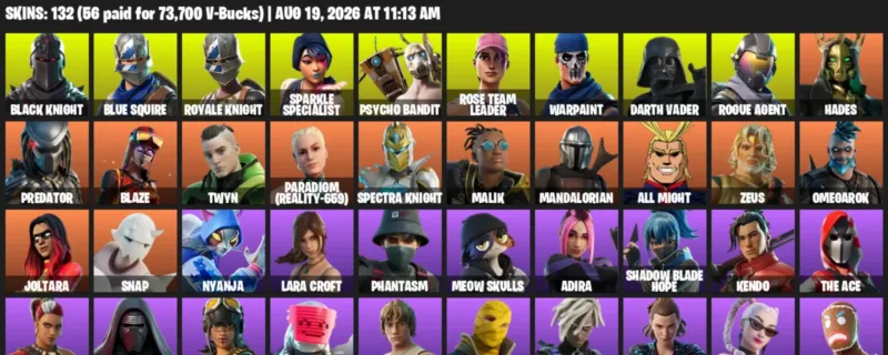 Fortnite account inventory for LVL 2535 - Black Knight - Blue Squire - 132 Outfits