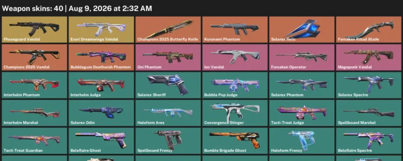 Valorant account inventory for LVL 45 · 40 Skins Champions 2025 Butterfly Knife & Forsaken Ritual Blade