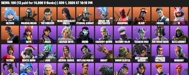 Fortnite account inventory for LVL 1694 - Nezumi - Mandalorian - 106 Outfits