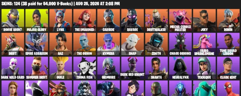 Fortnite account inventory for LVL 1028 - Rogue Agent - Major Glory - 124 Outfits