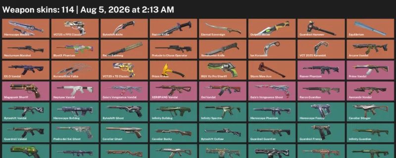 Valorant account inventory for LVL 288 · VCT 2025 Karambit & Byteshift Knife & Ion Karambit